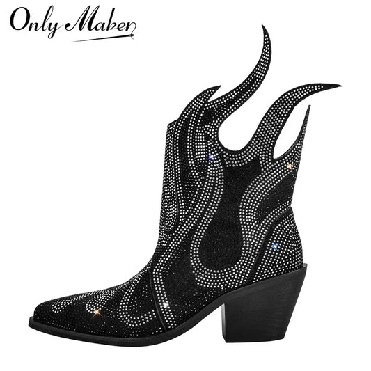 Onlymaker Pointed Toe Flame Rhinestone Ankle Boots  Glitter Bling