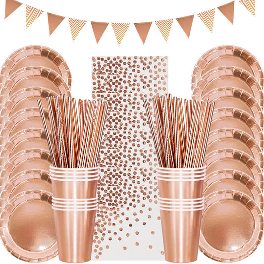 Rose Gold Party Disposable Tableware Set Paper Plate Cup Kids Adult