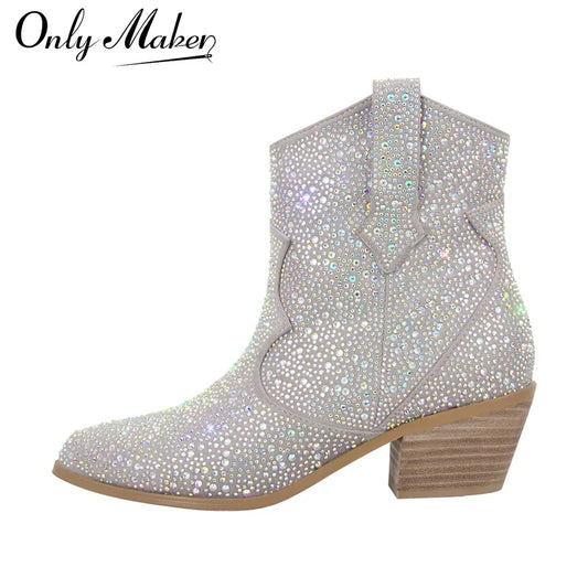 Onlymaker Pointed Toe Ankle Boots Silver Clear Rhinestone Glitter