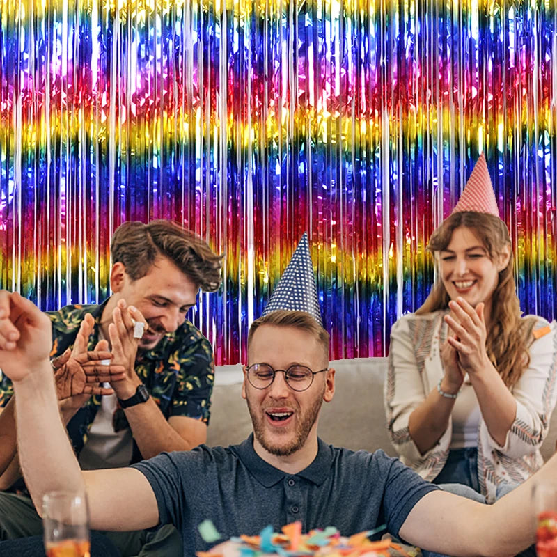 2M Bachelorette Party Backdrop Curtains Rainbow Tinsel Fringe Foil