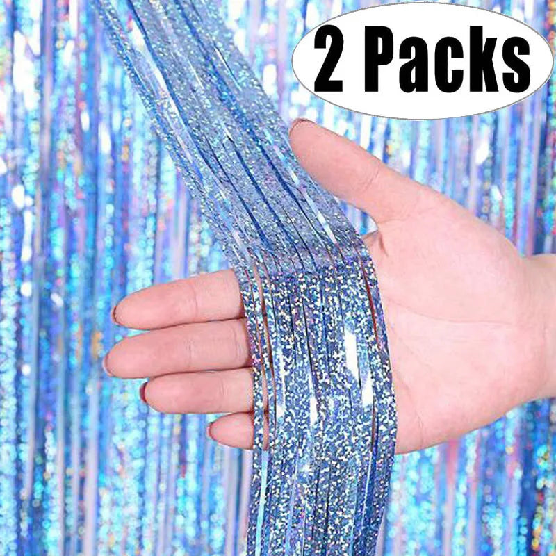 2Pack 2X1M Glitter Party Backdrop Metallic Foil Tinsel Fringe Curtain